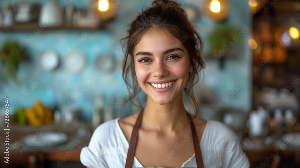 Enthusiastic Young Waitress with a Playful Smile in a Cozy Bistro. Enthusiastic Young Waitress with a Playful Smile in a Cozy Bistro.