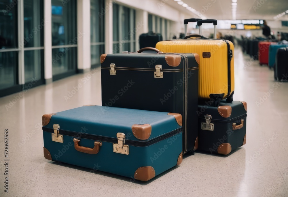 stack of traveling luggage in airport terminal and passenger plane flying over sky