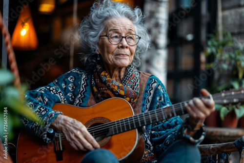 Elderly Lady Playing Guitar in Cozy Setting. Generative AI