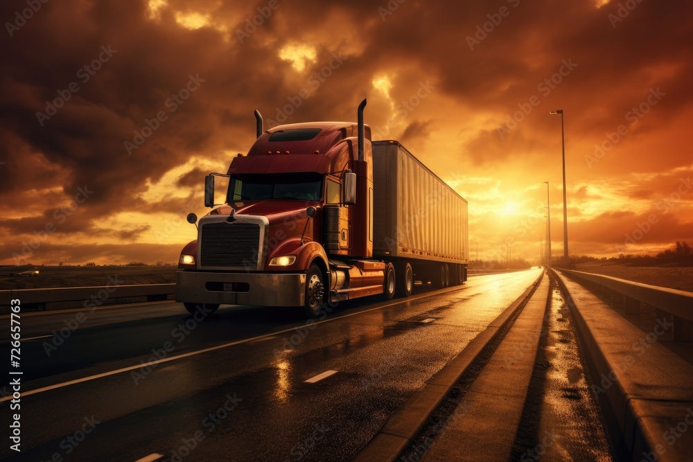 A semi truck driving down a highway at sunset, representing transportation, logistics, and travel, Truck and highway at sunset, AI Generated