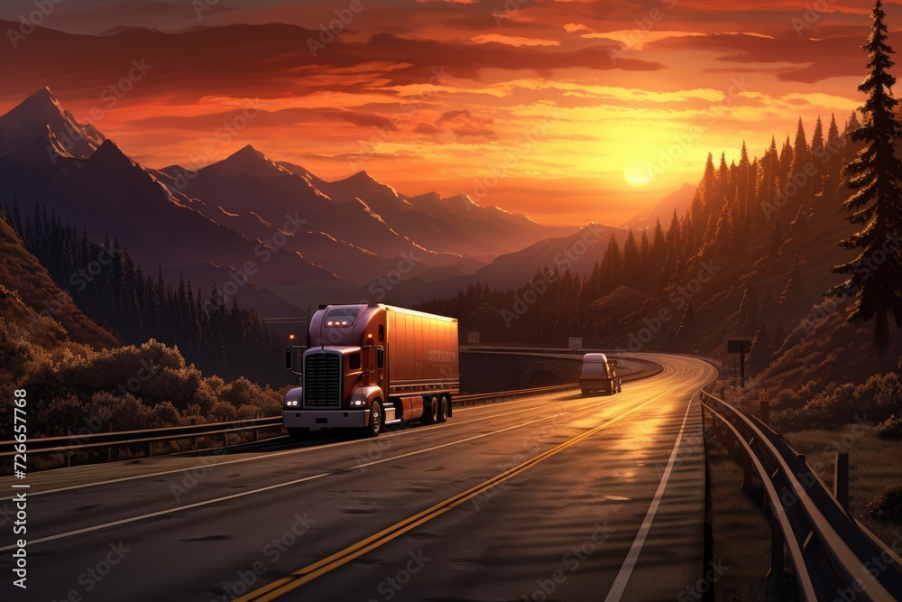 A captivating painting depicting a powerful semi truck driving down a scenic road, Truck and highway at sunset, AI Generated