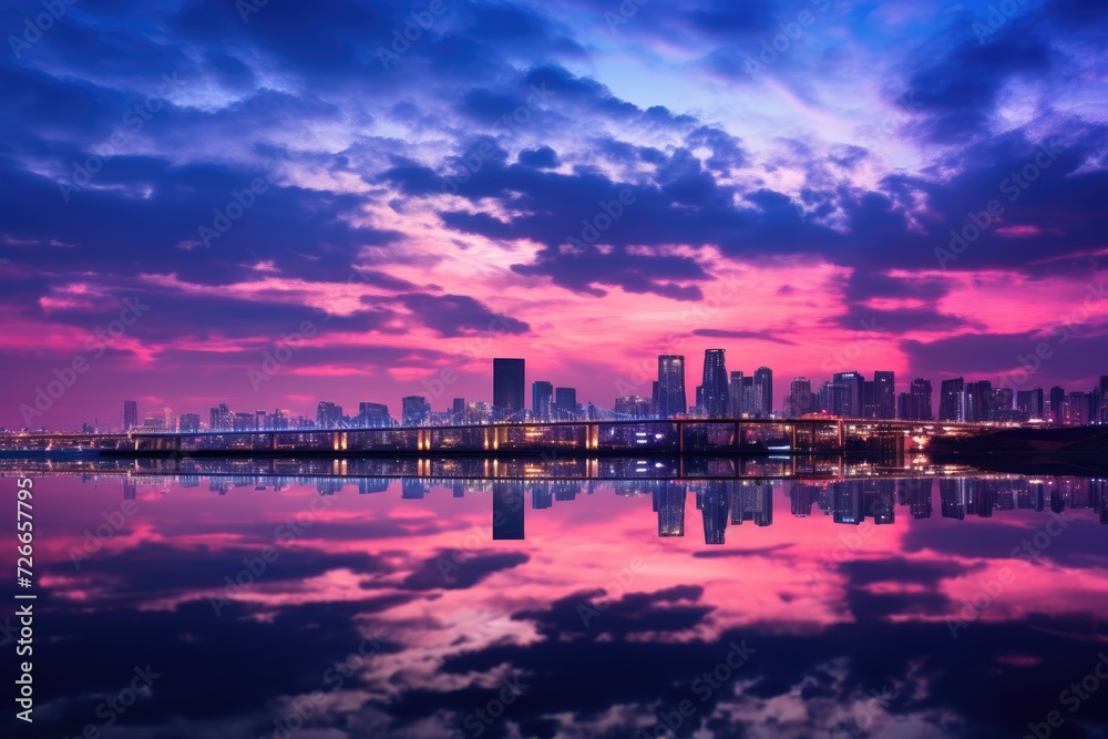 A stunning urban panorama with a citys skyscrapers reflected in a body of water, creating a mesmerizing mirror effect, Twilight sky at Han River in Seoul city, South Korea, AI Generated