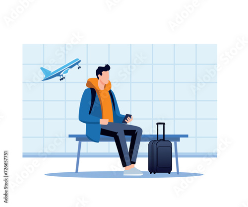 waiting at airport flat character illustration