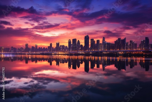 A stunning sunset fills the sky over a city, casting a vibrant reflection in the calm waters below, Twilight sky at Han River in Seoul city, South Korea, AI Generated © Ifti Digital