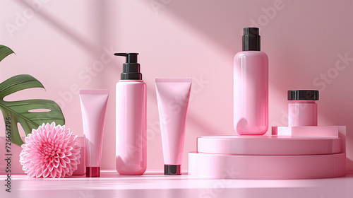Pink blank skincare tube and skincare bottle With flowers blooming for advertising.