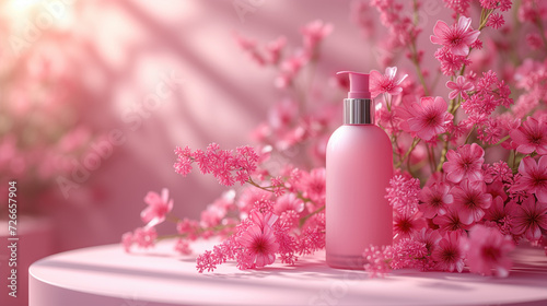 Pink blank skincare tube and skincare bottle With flowers blooming for advertising.