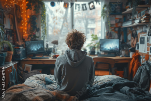 A shot of a teenager in their untidy room, representing the reality of adolescent life. Concept of teenage life and personal space. Generative Ai.