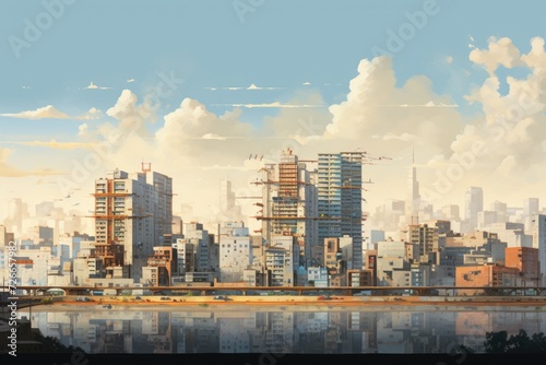 A captivating painting showcasing a cityscape full of towering buildings  beautifully illuminated by the night sky  Verbotene Stadt in Beijing Panorama  AI Generated