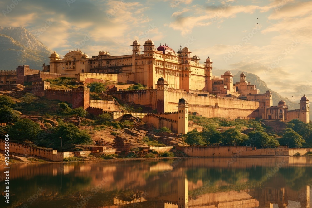 A stunning castle perched atop a hill, majestically surveying the calm waters that lay beside it, View of Amber Fort in Jaipur, India, AI Generated