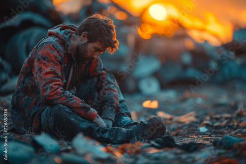 A sad man who survived a car accident sits on the ground