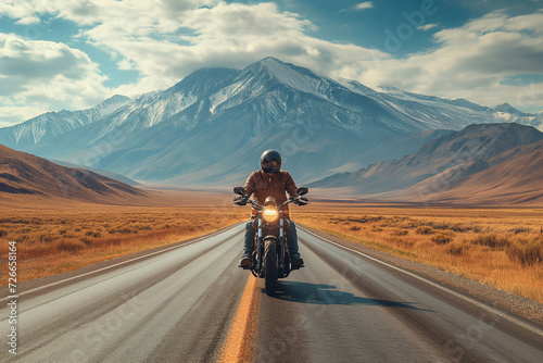 A male biker rides a motorcycle on a deserted road photo