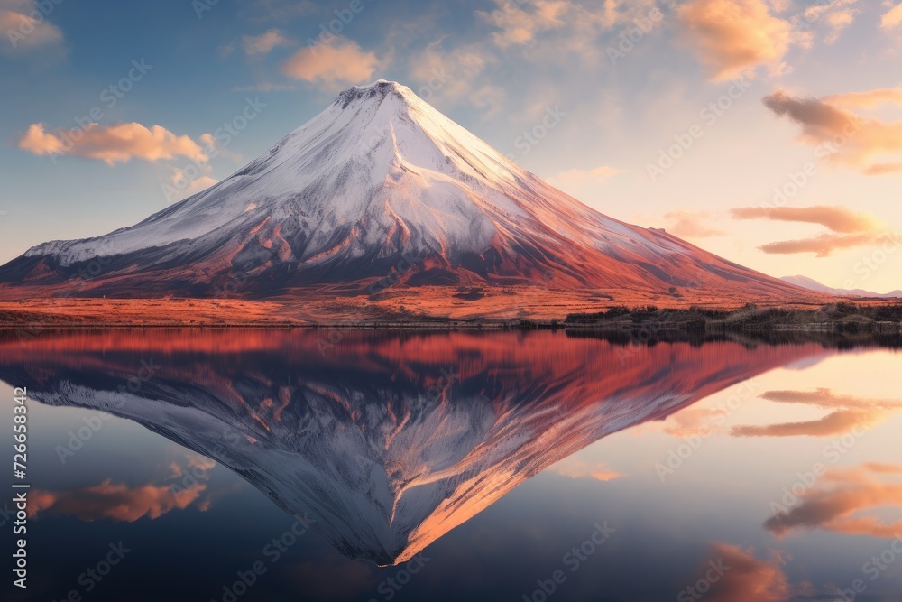 A stunning mountain with its magnificent reflection mirrored in the calm, glistening water, Volcanic mountain in the morning light reflected in the calm waters of the lake, AI Generated