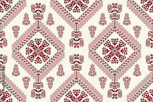 Folk floral embroidery pattern. Vector folk embroidery geometric floral shape seamless pattern. Floral cross stitch pattern use for fabric, textile, home decoration elements, upholstery, wrapping, etc