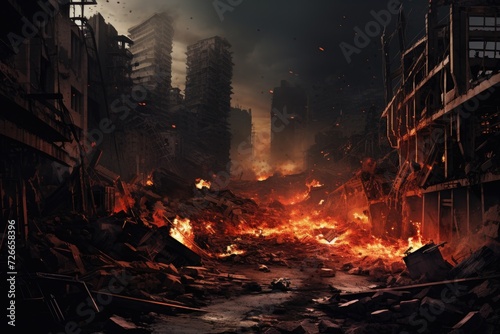 Massive Fire Engulfs Urban Area, Threatening Citys Safety and Buildings, War city dangerous disaster, Illustrative apocalypse, destructive building, AI Generated