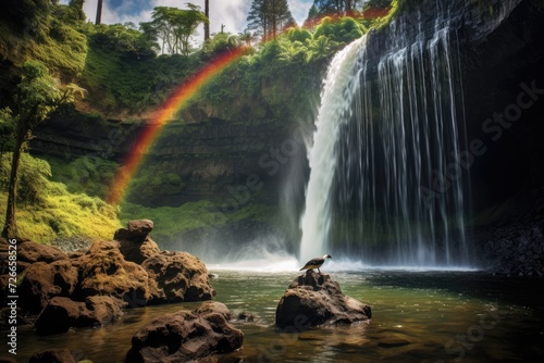 A breathtaking view of a majestic waterfall with a vibrant rainbow stretching across the sky  creating a stunning natural landscape  Waterfall in Kauai With Rainbow and Bird Overhead  AI Generated