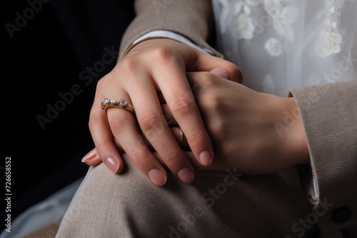 A detailed image capturing the close-up view of a persons hand proudly displaying a wedding ring  Wedding rings and hands closeup  AI Generated