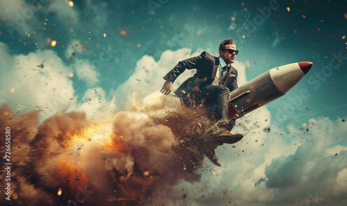 man riding a rocket in the sky, concept business of businessman with success.