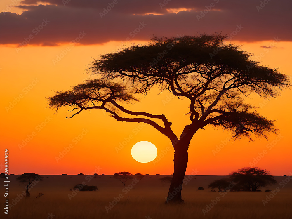 Mesmerizing view of the silhouette of a tree in the savanna plains during sunset Generative Ai Mesmerizing view of the silhouette of a tree in the savanna plains during sunset Generative Ai