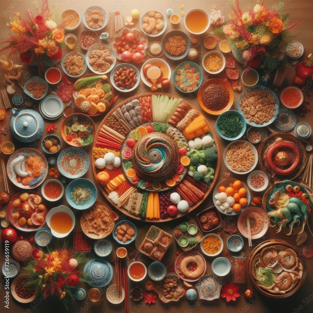 Traditional Chinese lunar new year food and drink. Top view, Traditional Chinese lunar new year food and drink. Top view,