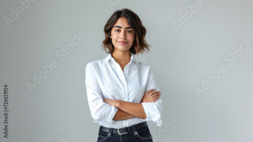 woman with short blonde hair and a confident smile is wearing a white shirt and stands with her arms crossed against a light grey background photo