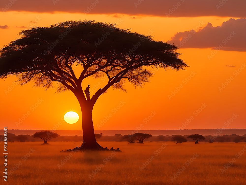 Mesmerizing view of the silhouette of a tree in the savanna plains during sunset Generative Ai Mesmerizing view of the silhouette of a tree in the savanna plains during sunset Generative Ai