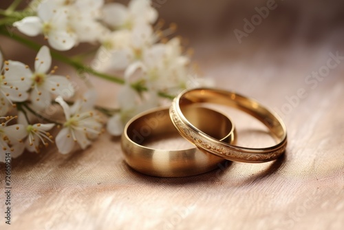 Two gold wedding rings placed beside a delicate white flower, symbolizing love and purity, Wedding rings, wedding invitation background, AI Generated