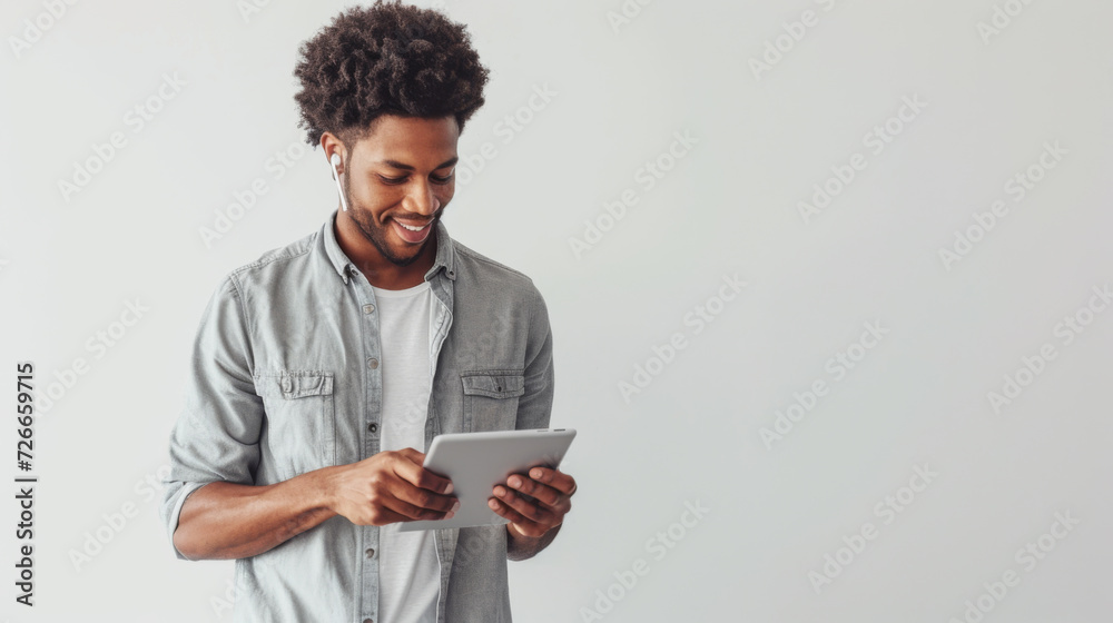 cheerful young man is looking at a tablet he is holding with an amused expression, wearing a grey shirt against a soft white background cheerful young man is looking at a tablet he is holding with an amused expression, wearing a grey shirt against a soft white background