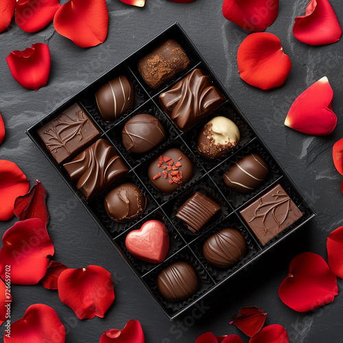 Romantic Elegance: Chocolates and Heart-Shaped Petals From Above