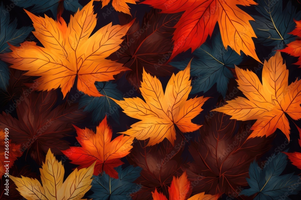 Seamless pattern with colorful autumn leaves on dark blue background, Show a colorful seasonal autumn background pattern, AI Generated