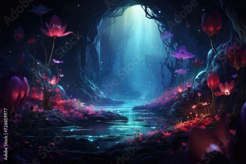 Fantasy landscape with fantasy cave and flowers. Digital painting illustration, Show an abstract fantasy space with plants and glowing flowers, AI Generated