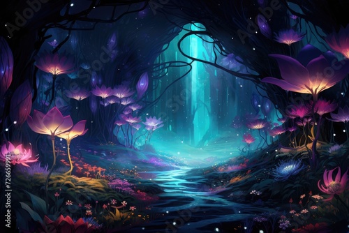 Underwater scene with purple tulips and dark forest. 3D rendering  Show an abstract fantasy space with plants and glowing flowers  AI Generated