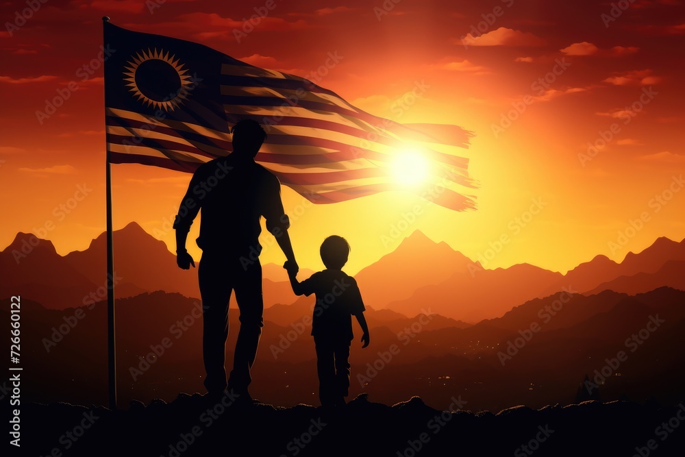 Fototapeta premium Silhouette of father and son with flag of Uruguay at sunset, Silhouette of a father and son holding the flag of Malaysia, AI Generated