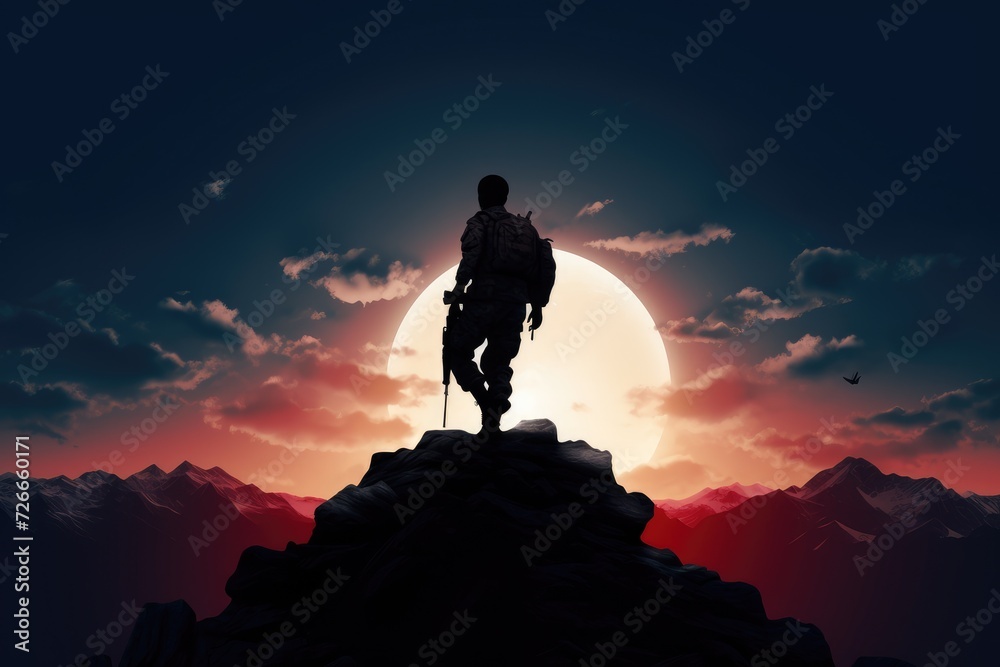 Silhouette of a soldier on the top of the mountain, Silhouette of a soldier on top of the mountain, AI Generated