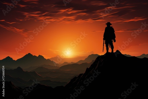 Silhouette of a soldier standing on top of the mountain, Silhouette of a soldier on top of the mountain, AI Generated © Ifti Digital