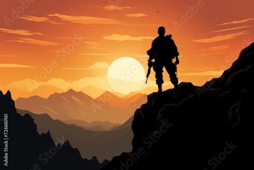 Silhouette of a man on top of a mountain against a sunset, Silhouette of a soldier on top of the mountain, AI Generated