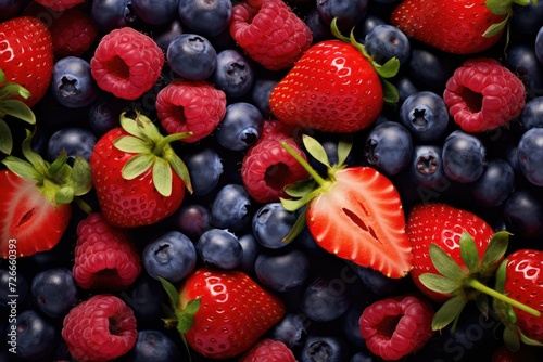 Background of fresh berries. Berries background. Berries background  Strawberries and blueberries HD 8K wallpaper stock photographic image  AI Generated