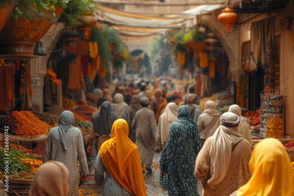 An authentic street scene with people of different ethnicities interacting in a bustling market. Concept of cultural diversity and everyday life. Generative Ai.