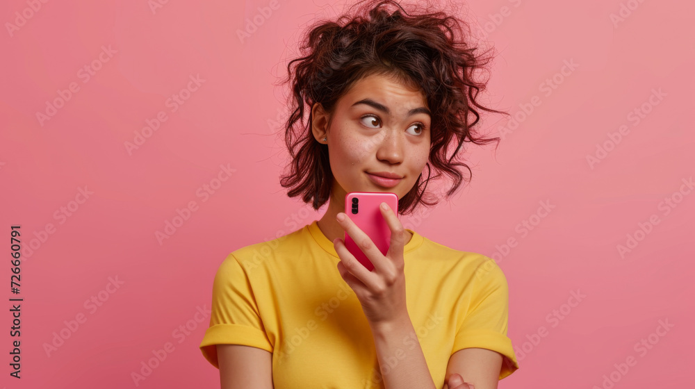 woman with short brown hair wearing a yellow T-shirt, holding a pink smartphone to her face and looking up thoughtfully woman with short brown hair wearing a yellow T-shirt, holding a pink smartphone to her face and looking up thoughtfully