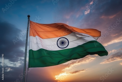 The Indian flag soars proudly against the backdrop of the clear blue sky, Tricolor Indian flag during sunset and a beautiful sky, AI Generated photo