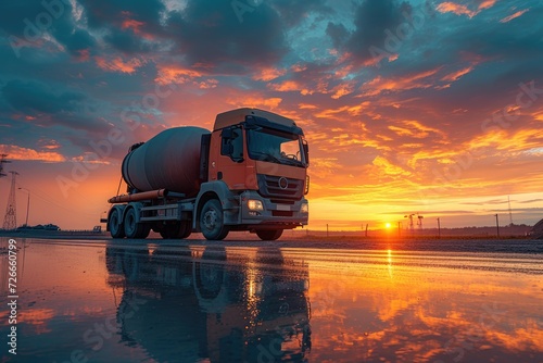 Cement truck machinery at dusk. Generative Ai. photo