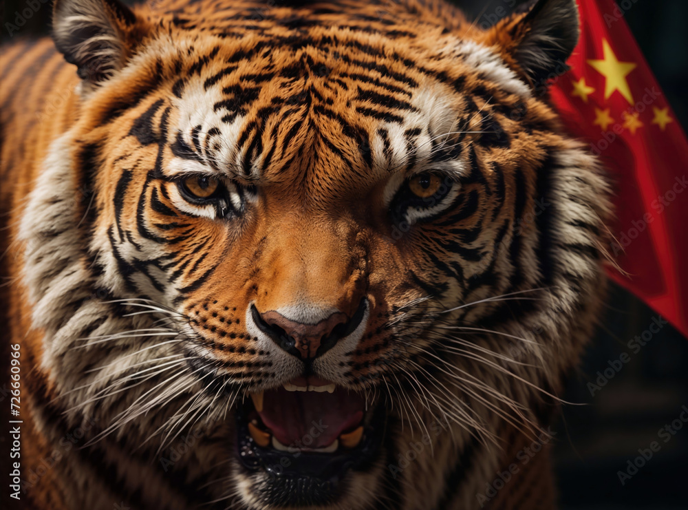 Obraz premium Majestic Tiger against Chinese Flag