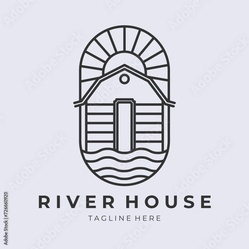 Emblem logo line art river house vector illustration design