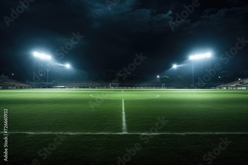 An image of a soccer field at night with bright floodlights illuminating the playing field, Universal grass stadium illuminated by spotlights and an empty green grass playground, AI Generated