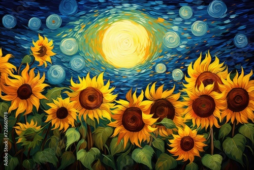 A beautiful painting depicting sunflowers in a field illuminated by the moonlight, Van Gogh's painting of sunflowers under a starry night sky, AI Generated photo