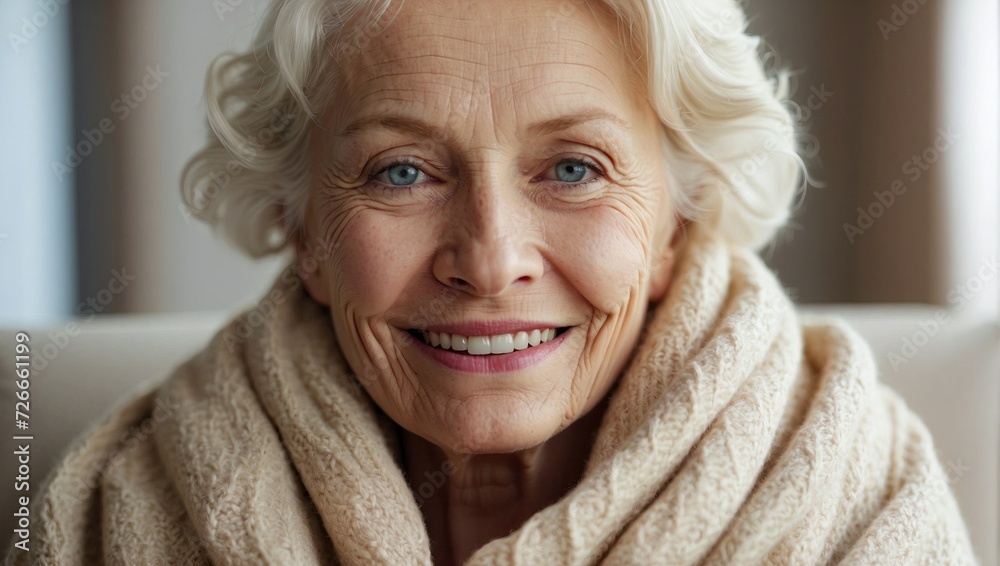 Close-up of an elderly white woman with white hair, smiling radiantly in a comfortable home setting, embodying elegance and graceful aging. Close-up of an elderly white woman with white hair, smiling radiantly in a comfortable home setting, embodying elegance and graceful aging.