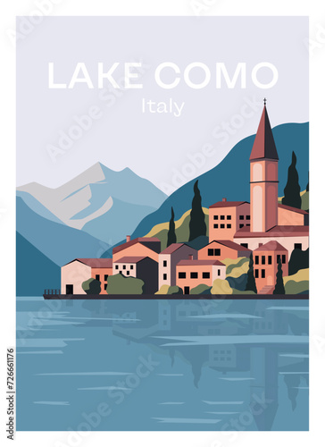 Lake Como landscape art print. Italian panorama with lake and mountains, vintage postcard with old town villas and cypress, flat poster design. Vector illustration photo