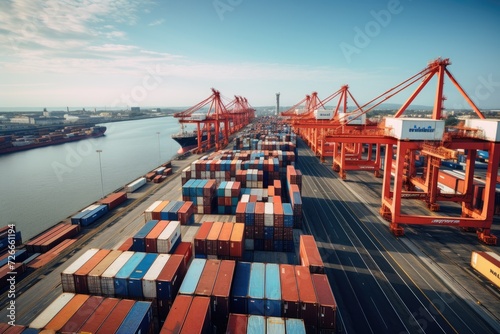 Large Cargo Ship Docked at Port, Commercial Vessel Unloading Goods From Overseas Destination, View of the port showing rows of cargo containers and cranes in the distance, AI Generated