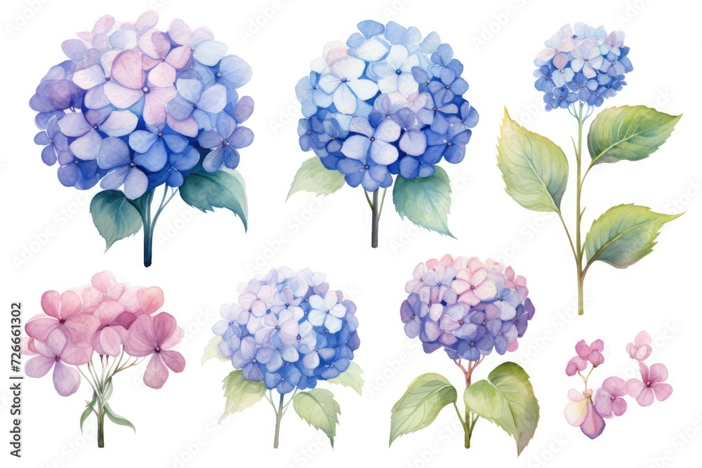 A vibrant assortment of flowers beautifully arranged on a clean white background, Vintage watercolor flower elements depicting Hydrangea, AI Generated A vibrant assortment of flowers beautifully arranged on a clean white background, Vintage watercolor flower elements depicting Hydrangea, AI Generated