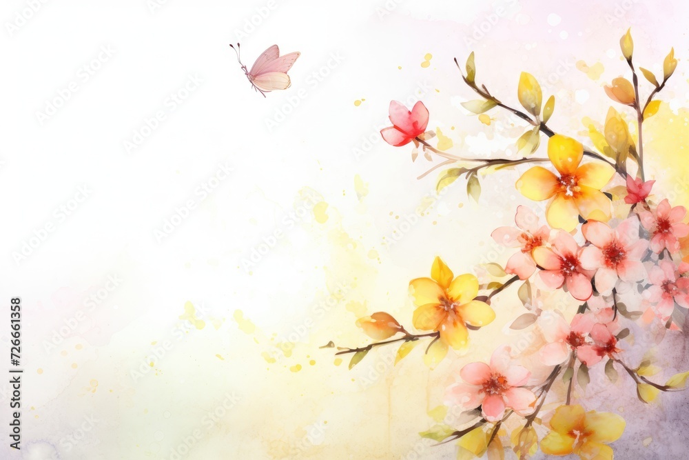 A vibrant watercolor painting showcasing a beautiful bouquet of flowers and a delicate butterfly, Watercolor background with spring florals, AI Generated