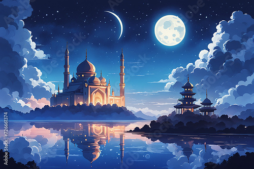 A silhouette of a big mosque on Blue full moon in night background. Ramadan concept photo